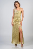 Φόρεμα maxi lurex με έναν ώμο και σκίσιμο Φόρεμα maxi lurex με έναν ώμο και σκίσιμο