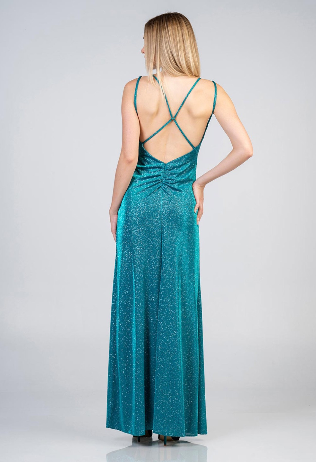 Φόρεμα maxi lurex με χιαστί κορδόνια στην πλάτη Φόρεμα maxi lurex με χιαστί κορδόνια στην πλάτη